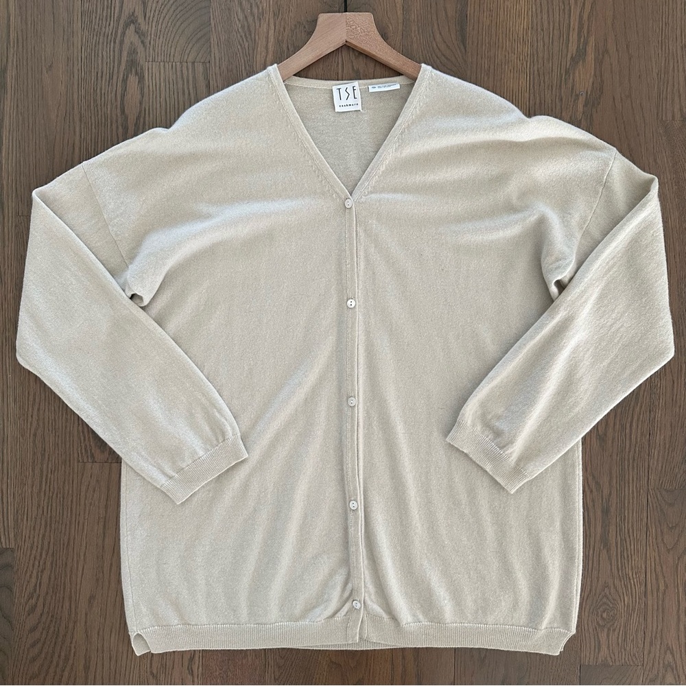TSE 100% Cashmere V-neck Button Front Oversize Cardigan Sweater in Ivory Cream M